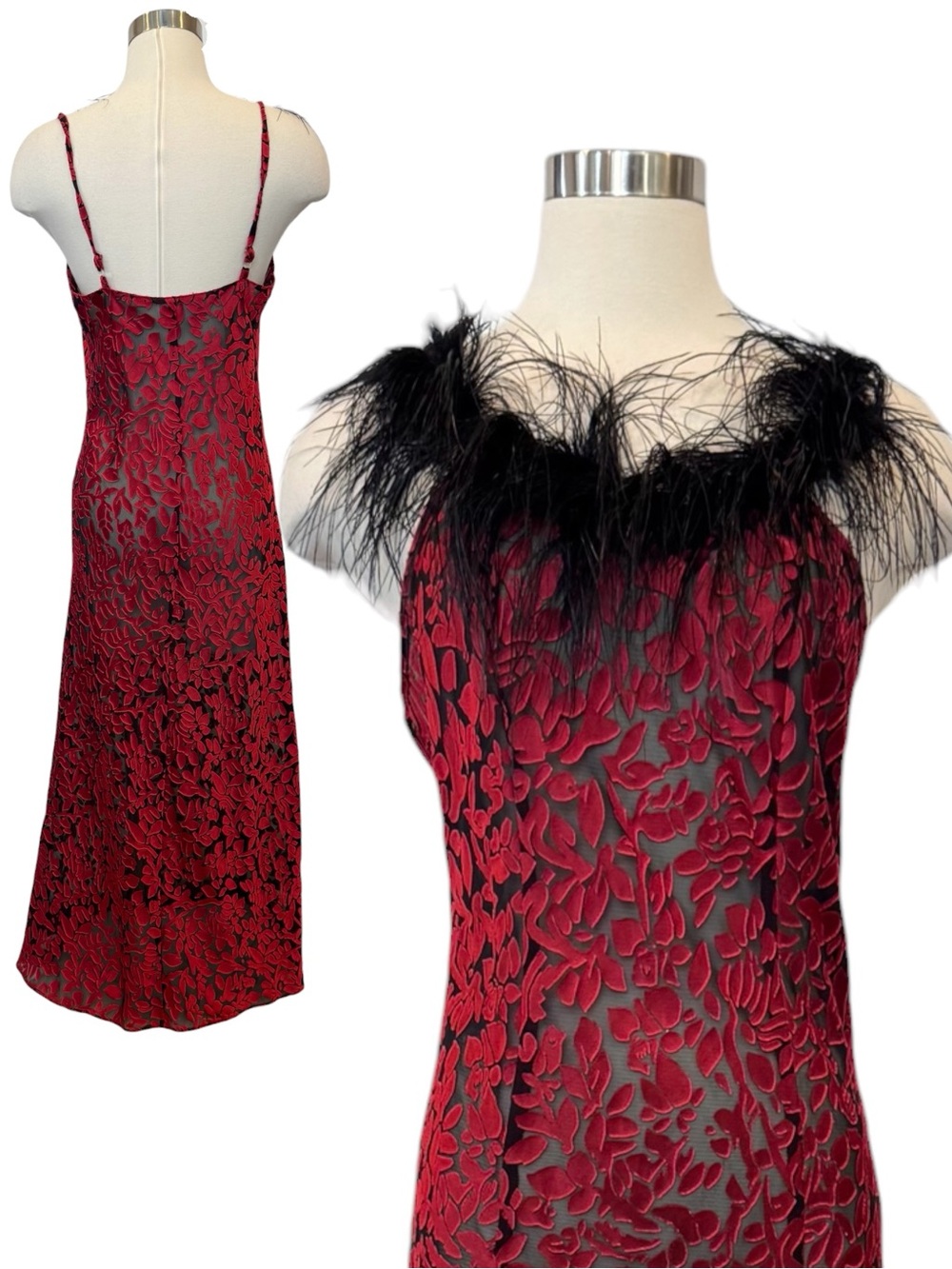 Frederick’s of Hollywood Red Sheer Burnout Feather Vintage Maxi Gown Slip Dress